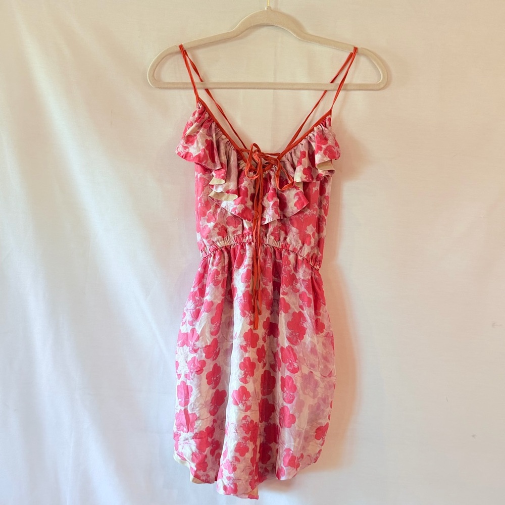 100% Silk Y2K Vintage Pink Floral Spaghetti Strap Babydoll Mini Dress Size Small
